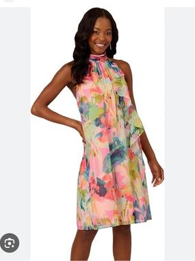 Adrianna Papell Pink Multicolor Floral High-Neck Dress